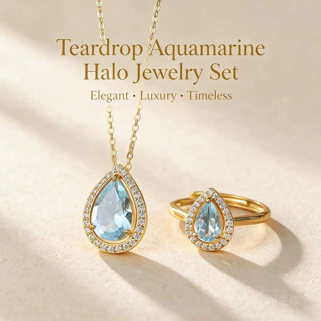 Luxury S925 Silver Teardrop Halo Natural Gemstone Necklace Ring Set Gold Or White Gold Plated Dainty Luxury Jewelry For Women