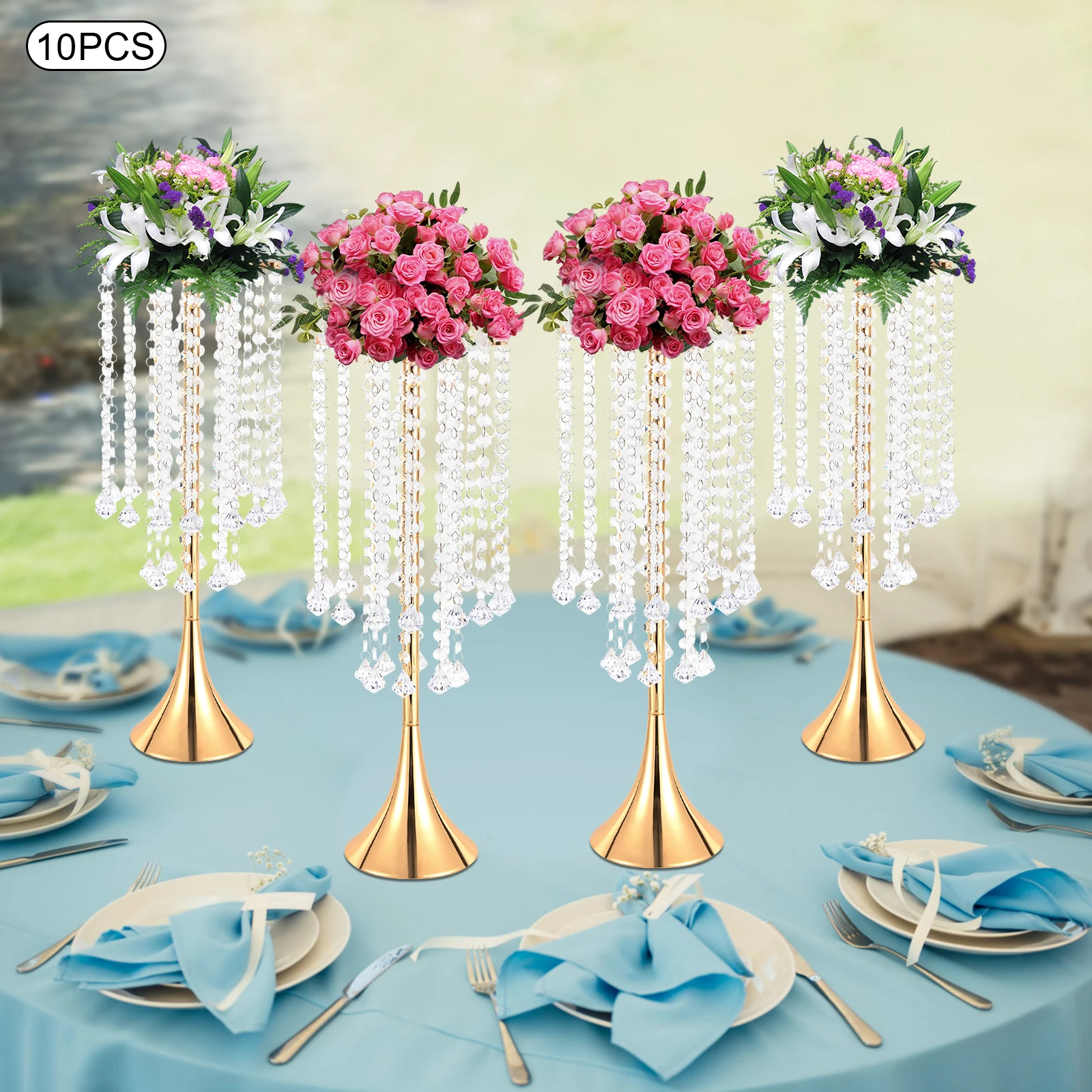 

10 Pieces 55.6cm Gold Vase with Crystal Tassels Banquet Table Top Decorative Flower Base High Load-bearing Display Stand