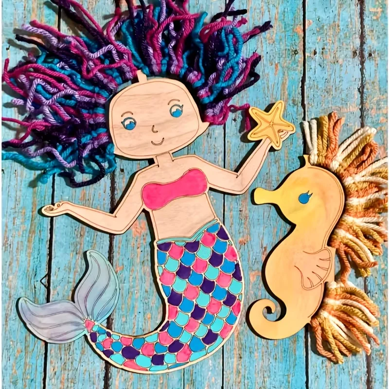 12 قطعة/المجموعة حورية البحر خشبية معلقة الحرف DIY اللوحة الهدايا حورية البحر إلى عقدة ، فكرة لعيد ميلاد DIY تلوين مجموعة زخرفة العرض