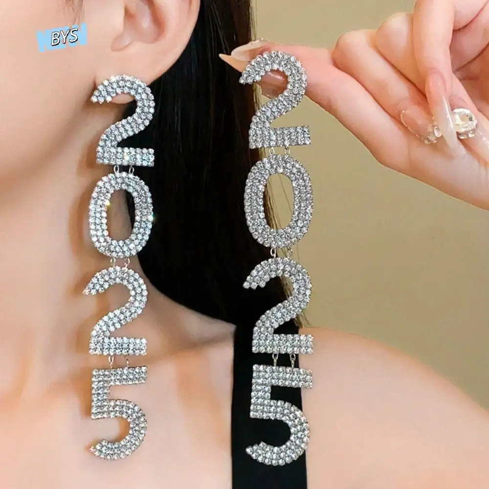 

Silver 2025 Earrings Long Tassels Rhinestone Studs Earrings Women Ear Jewelry Korean Style 2025 New Year Jewelry Travel