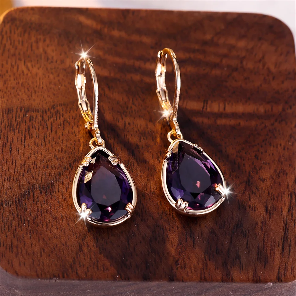Luxury Crystal Water Drop Stone Earring Purple Zircon Hoop Earrings For Women Antique Gold Color Wedding Engagement Jewelry Gift