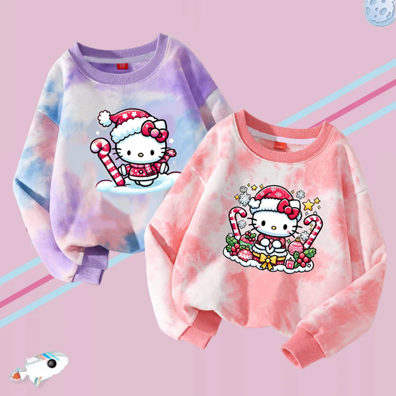 

Sanrio Hello Kitty детский свитшот с круглым вырезом, пуловер из полиэстера с рождественским принтом, зимний теплый топ с рисунком Kt Cat для отдыха