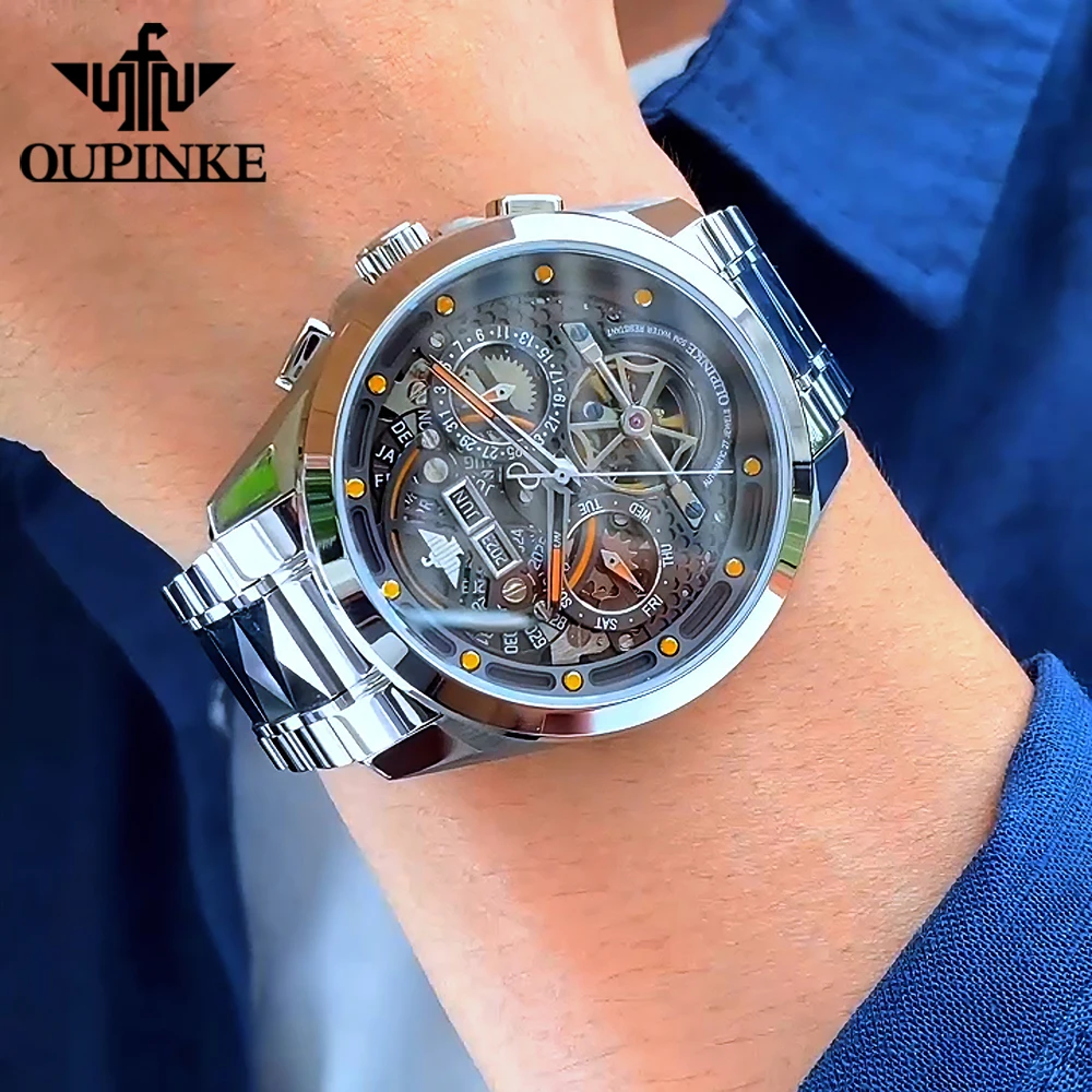 OUPINKE Men's Watches Trend Fashion Tungsten Steel Fully Automatic Wristwatch Hollow Out Mechanical Flywheel Dial Calendar 3249