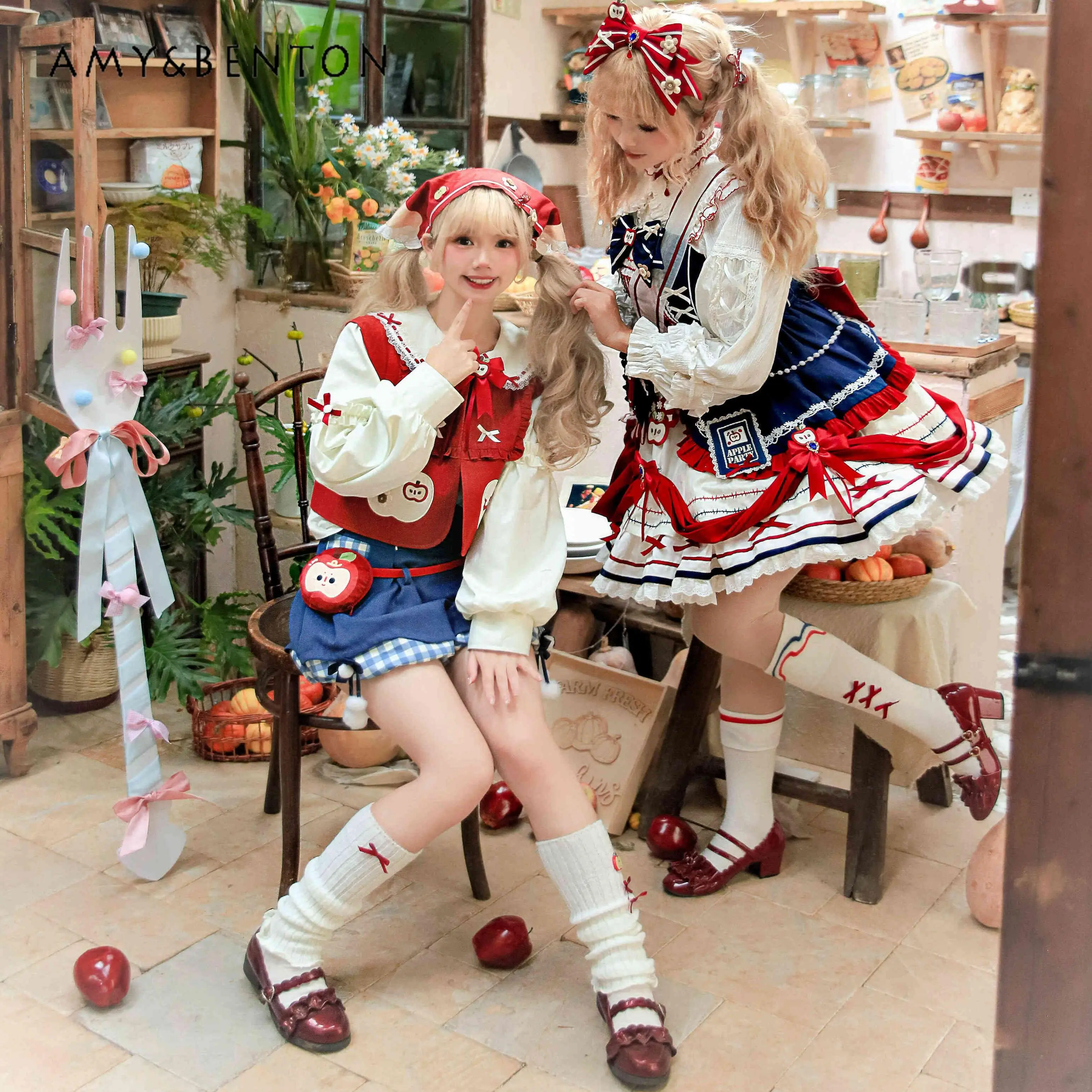 Lolita original dos desenhos animados impresso conjunto doce boneca colarinho lanterna manga camisa colete cintura alta xadrez shorts fofos conjunto de três peças