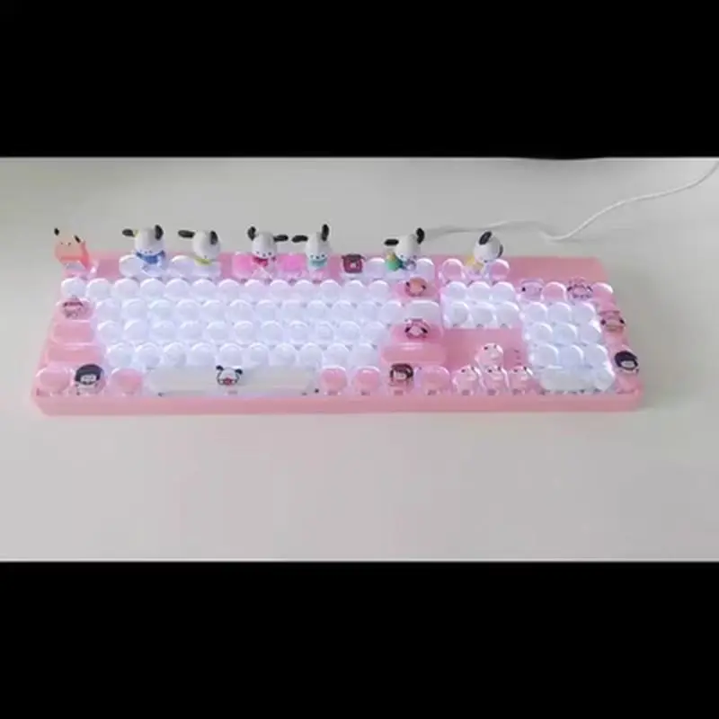 New Anime Cartoon Pochacco Wired Mechanical Keyboard Hand-made Hot Swap 104 Keys And Square Keycaps White Light Game Keyboard