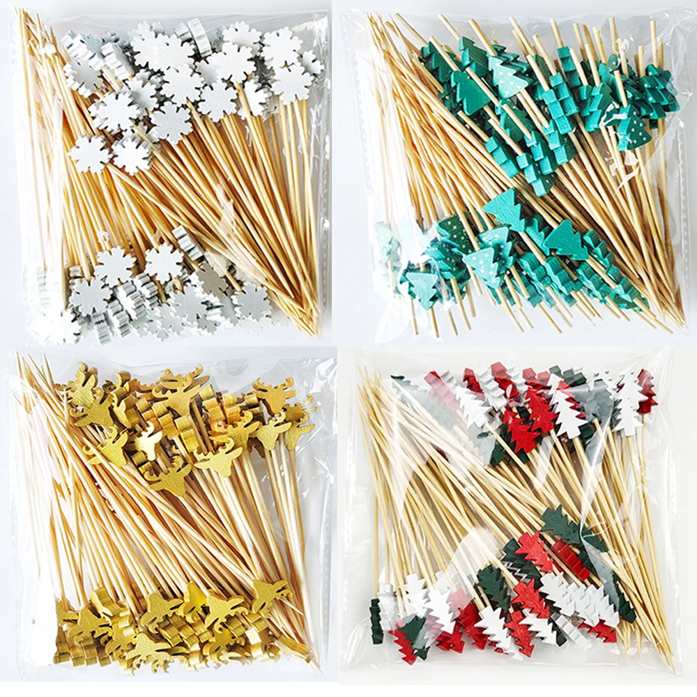 100Pcs Christmas Party Bamboo Skewers Xmax Santa Disposable Cocktail Sticks Buffet Dessert Fruit Fork Christmas Decoration 2023