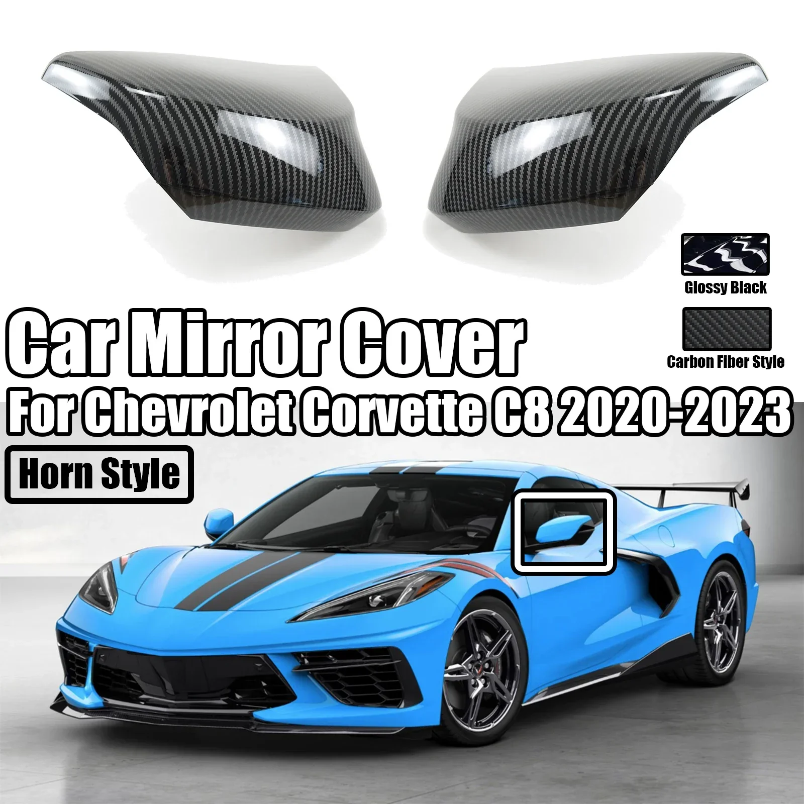 

Side Rearview Mirror Cover Cap For Chevrolet Corvette C8 2020-2023 Horn Trim Car Accessories Glossy Black Carbon Fiber Style