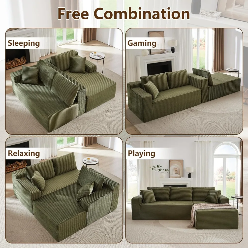 أريكة مقطعية على شكل حرف L من قماش سروال قصير، تصميم بدون عظم مع كرسي يمين، أريكة مريحة على شكل سحابة لغرفة المعيشة