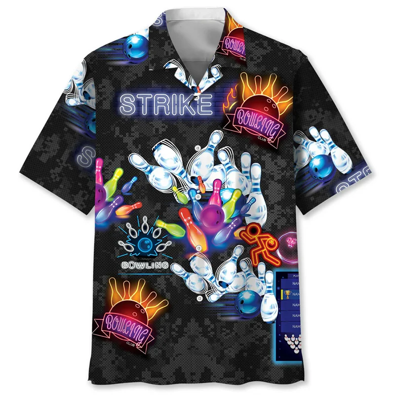 

Fashion Bowling Pattern Hawaiian Shirt For Men Summer 3D Printing Short Sleeves Blouse Vintage Outdoor Sports Lapel Shirts