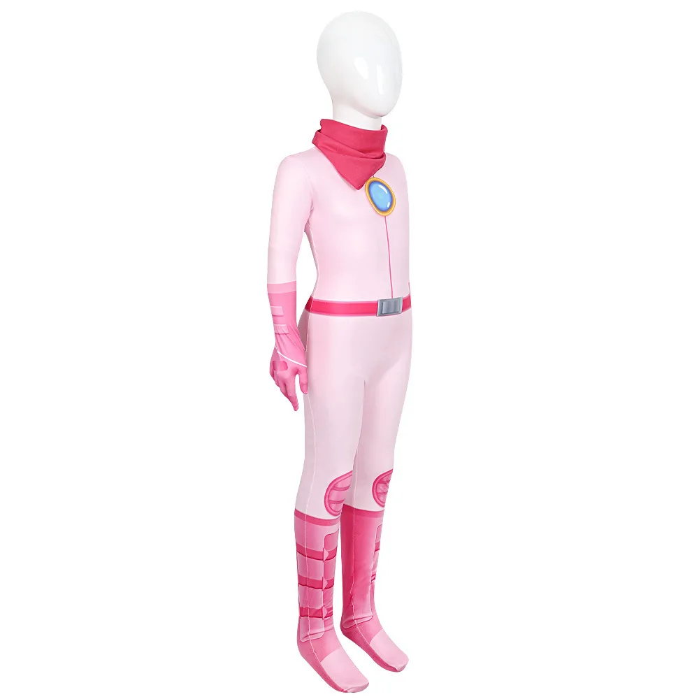 Prinzessin Pfirsich Overall Cosplay Kostüm Erwachsene Kinder Superhelden Frau Mädchen Zentai Bodysuit Geburtstags feier Halloween Anzug Perücke