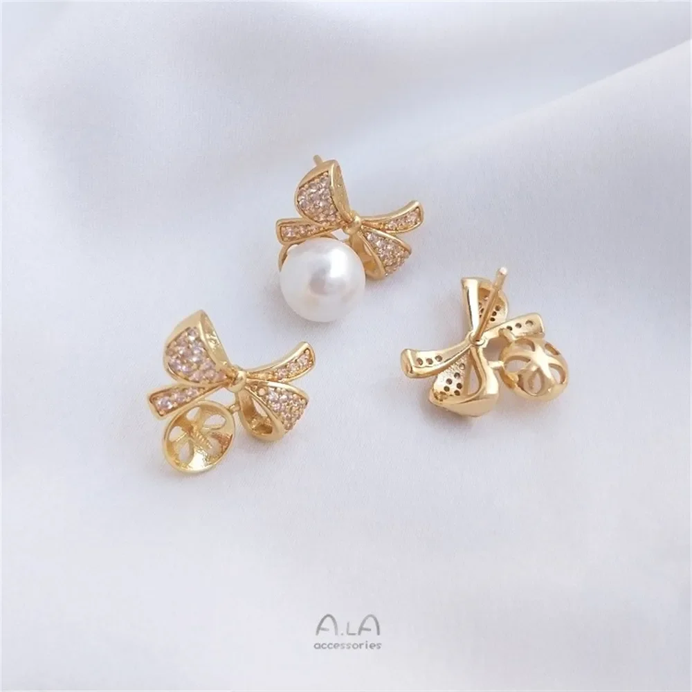 14K Gold Color Zircon Bow Half Hole Pearl Holder Stud Earrings 925 Silver Needle DIY Earrings Ear Jewelry Material E133