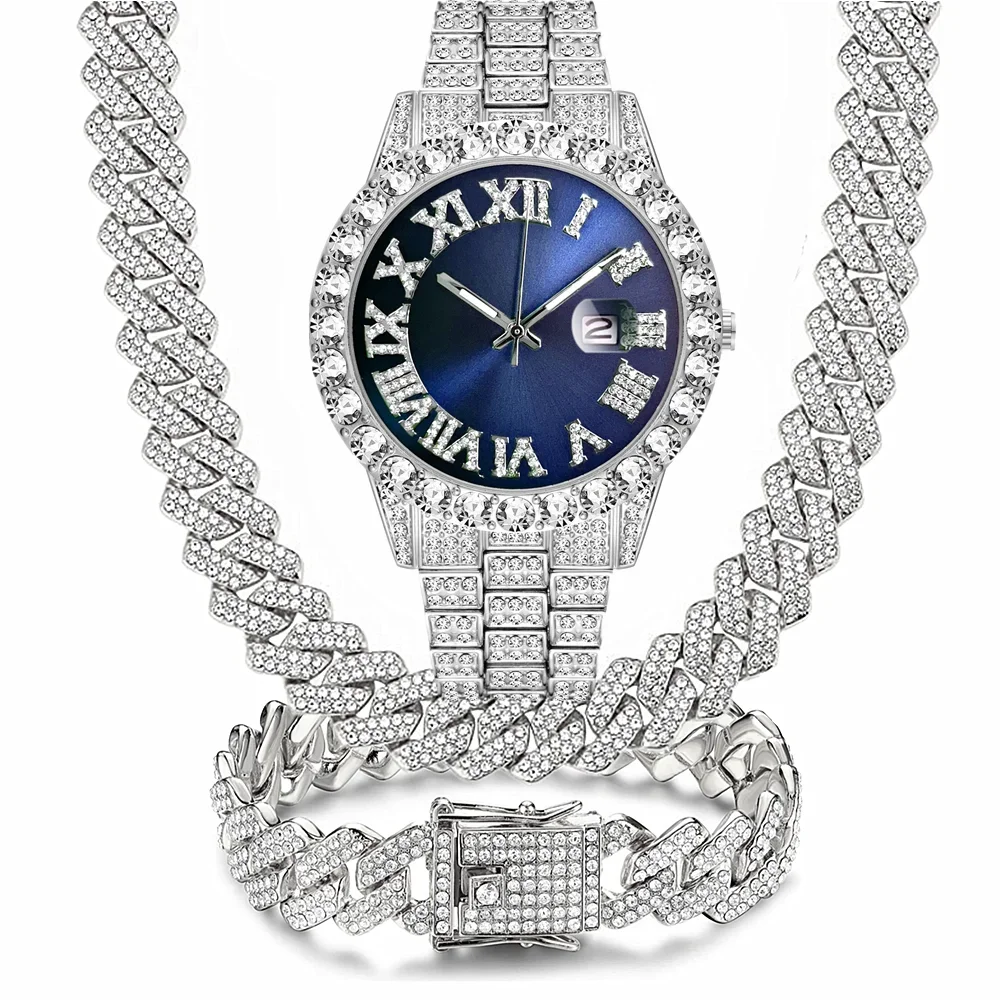 

Синий, красный, зеленый циферблат, полный календарь со льдом, часы для мужчин, золотая кубинская цепочка, браслет, ожерелье, клубное блестящее 3 шт., комплект ювелирных изделий, подарок