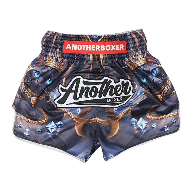 Muay-Thai-Shorts für Männer und Frauen, Satin-Boxkampfshorts mit schwarzer Katzen-Grafik, atmungsaktive Kampfsport-, Kickbox- und MMA-Trainingshose