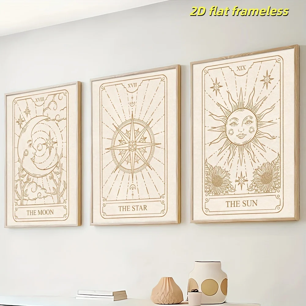 3 pieces of retro card art posters, sun, moon, star canvas posters, modern home trend artworks, 2D flat printing frameless paint