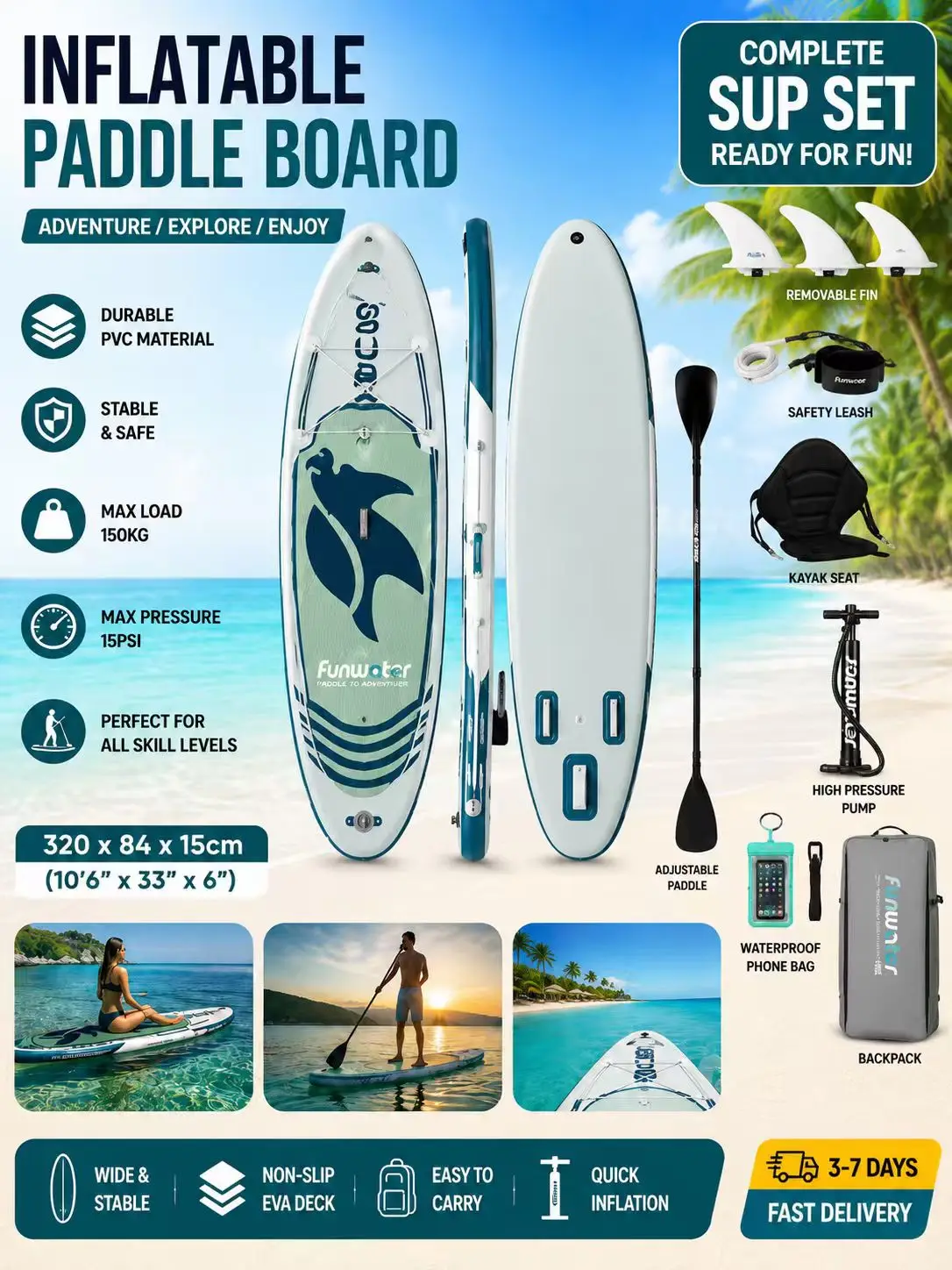 320*84*15cm aufblasbares Surfbrett, Stand-Up-Paddleboard, geeignet für verschiedene Wassersportarten zu Hause.