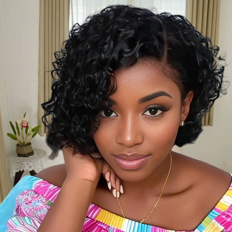 짧은 픽시컷 가발 곱슬머리 인모 가발 여성용 13x4x1 T파트 레이스 투명 딥 웨이브 레이스 가발 프리플럭