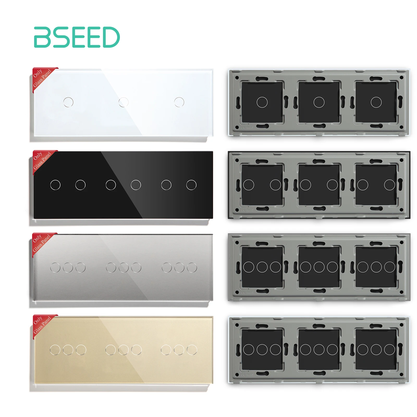 BSEED Crystal Glass Panel UK EU Standard 228mm Triple Panel 3/6/9 gang White Black Gloden For Wall Touch Switch