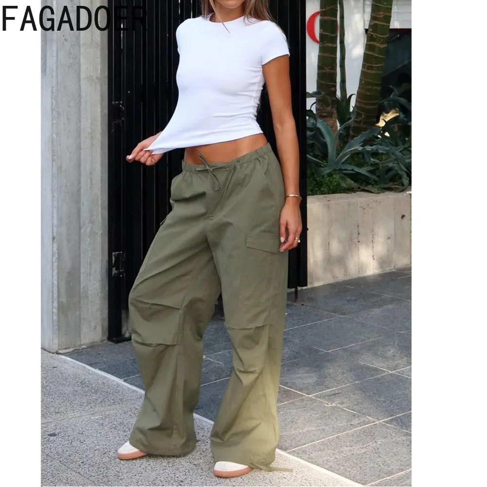 FAGADOER Y2K Fashion Low Waist Wide Baggy Pants Legs for Woman Solid Color Cargo Pocket Long Pants Female Streetwear Bottoms New