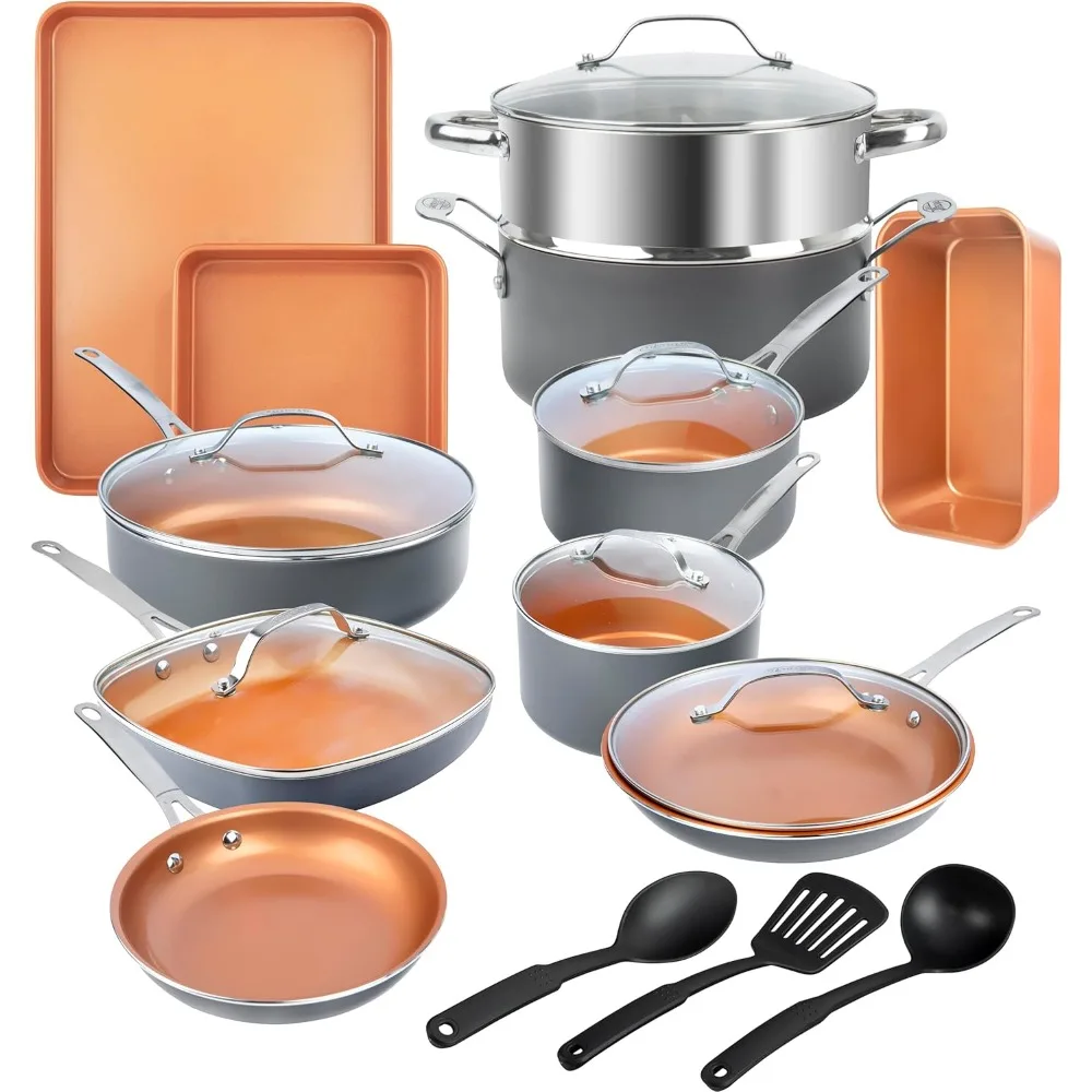 

20 Pc Ceramic Cookware Set Nonstick, Non Stick for Kitchen with Bakeware and Cooking Utensils, Copper Pots and Pans Set