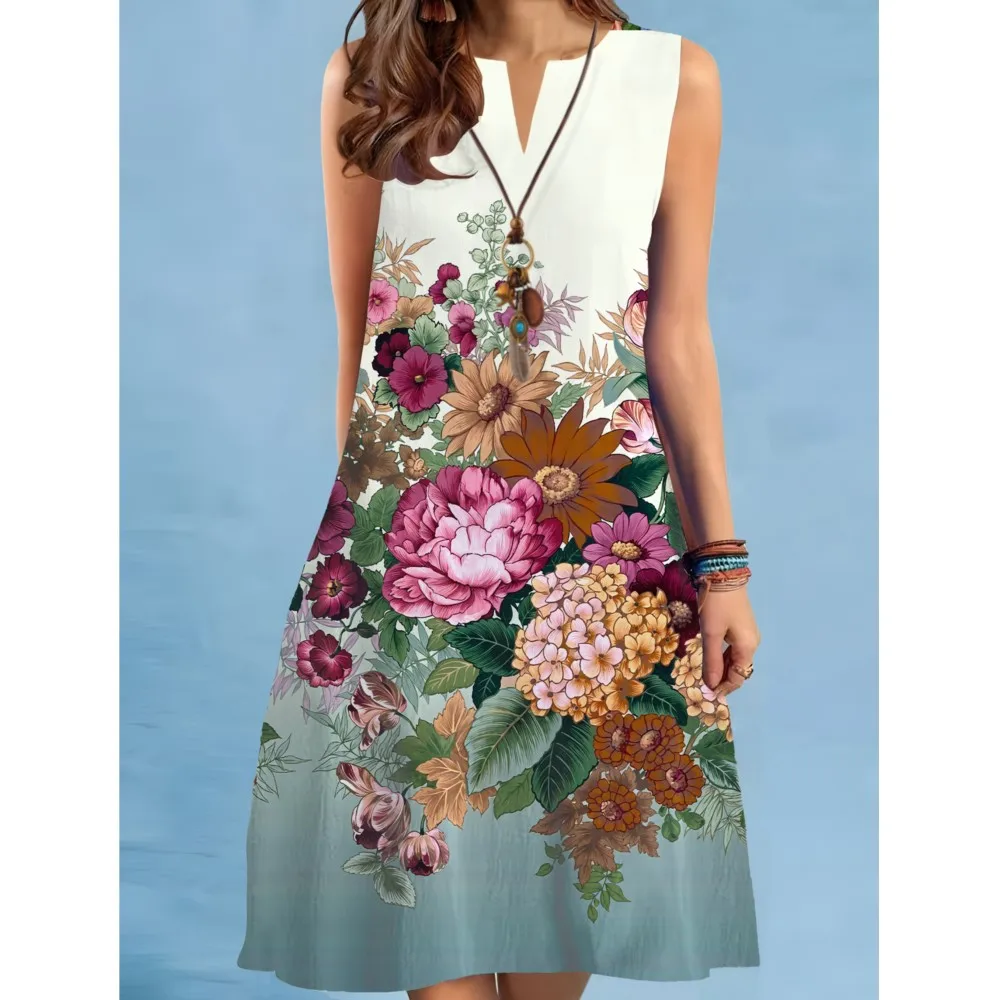 Vestido de vacaciones Retro con estampado Floral de verano para mujer, Vestido playero bohemio a la moda con cuello en V, vestido sin mangas para mujer 2025