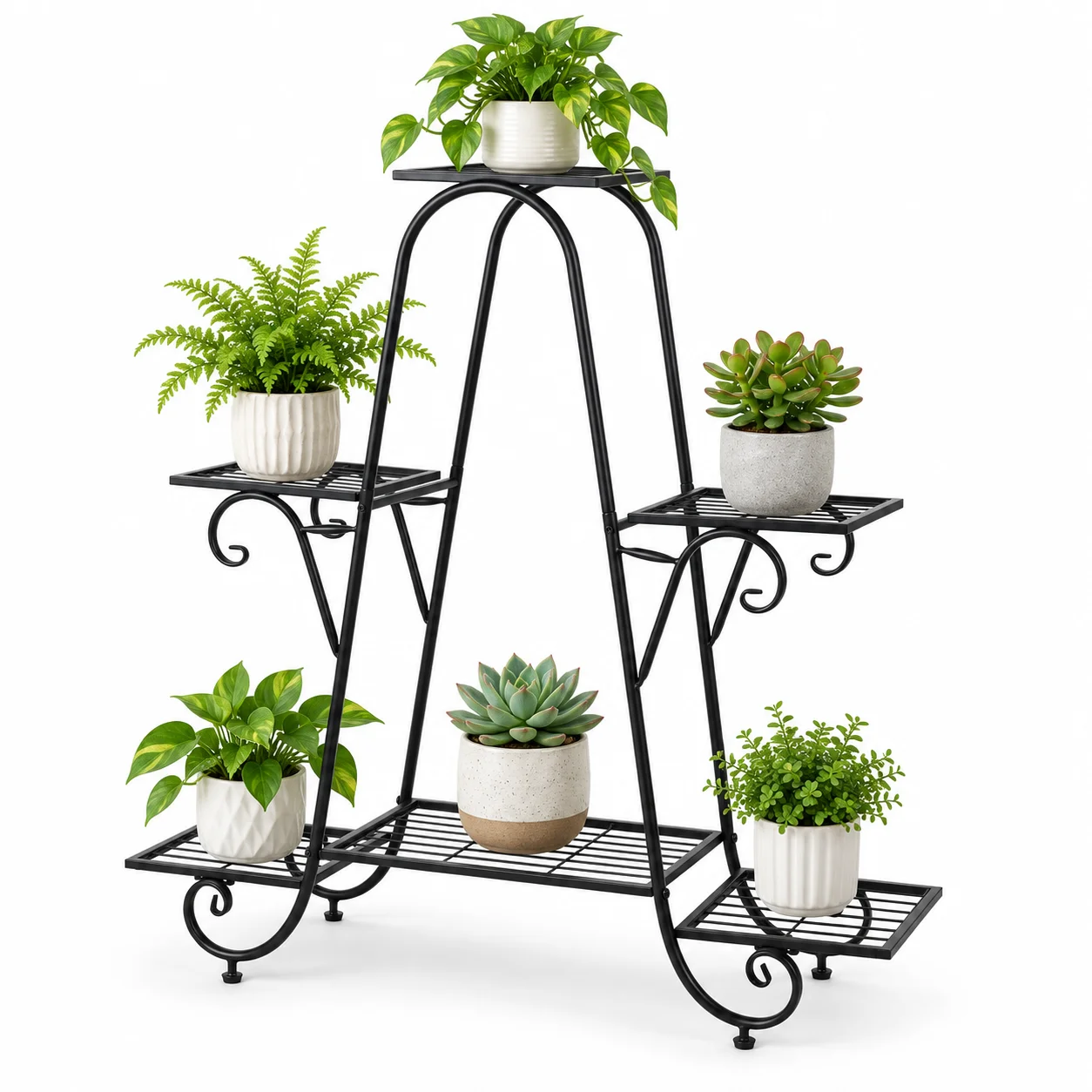Portavasi in metallo a 6 livelli per più piante, scaffale in ferro nero per vasi da fiori, ideale per soggiorno, balcone e patio coperto.