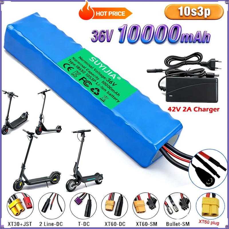 

36V 10Ah Rechargeable Lithium Battery Pack 18650 10S3P 800W Power Modified 36V Electric Scooter Battery with BMS, XT60 JST