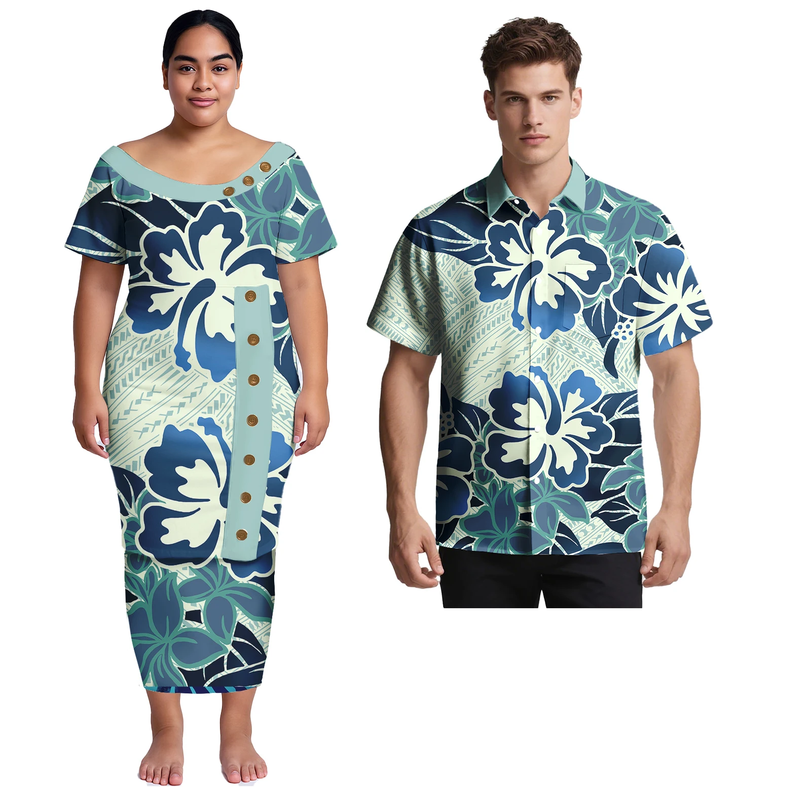 Matching Clothes for Couples Samoan Puletasi Dresses Men's Shirts Polynesian Tribal Couple Outfit Sets