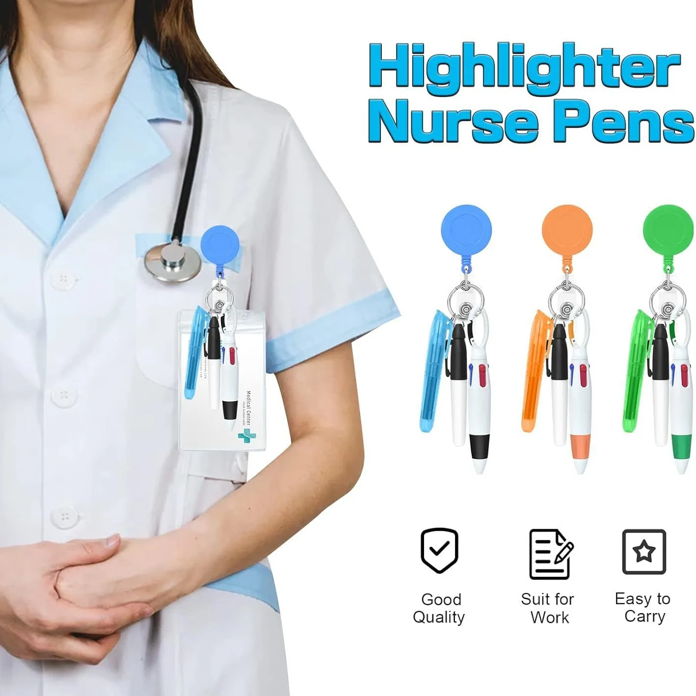 Hot Selling Nurse Pen Set with Scalable Buckle Reel Easy To Pull for ID Badge Clip Nurse\'s Day Gift Ballpoint Highlighter Pens