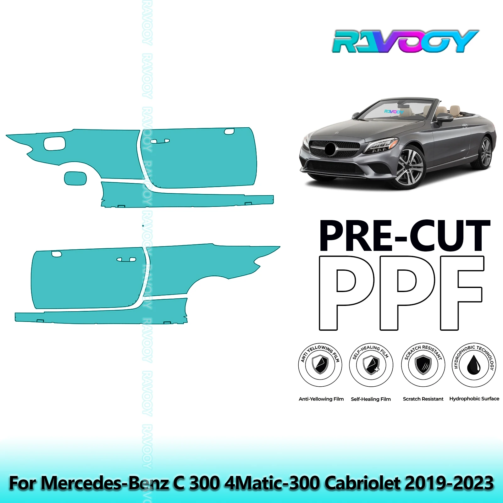 

For Mercedes-Benz C 300 4Matic-300 Cabriolet 2019-2023 8.5mil Pre-Cut PPF Door & A/B Pillar Kit TPU Paint Protection Film Set