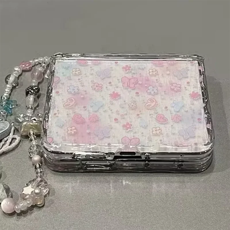 Cute Pink Flower Butterfly Print Clear PC Phone Case With Chain Hinge Protection Cover For Samsung Galaxy Z Flip7 Z Flip6 ZFlip5