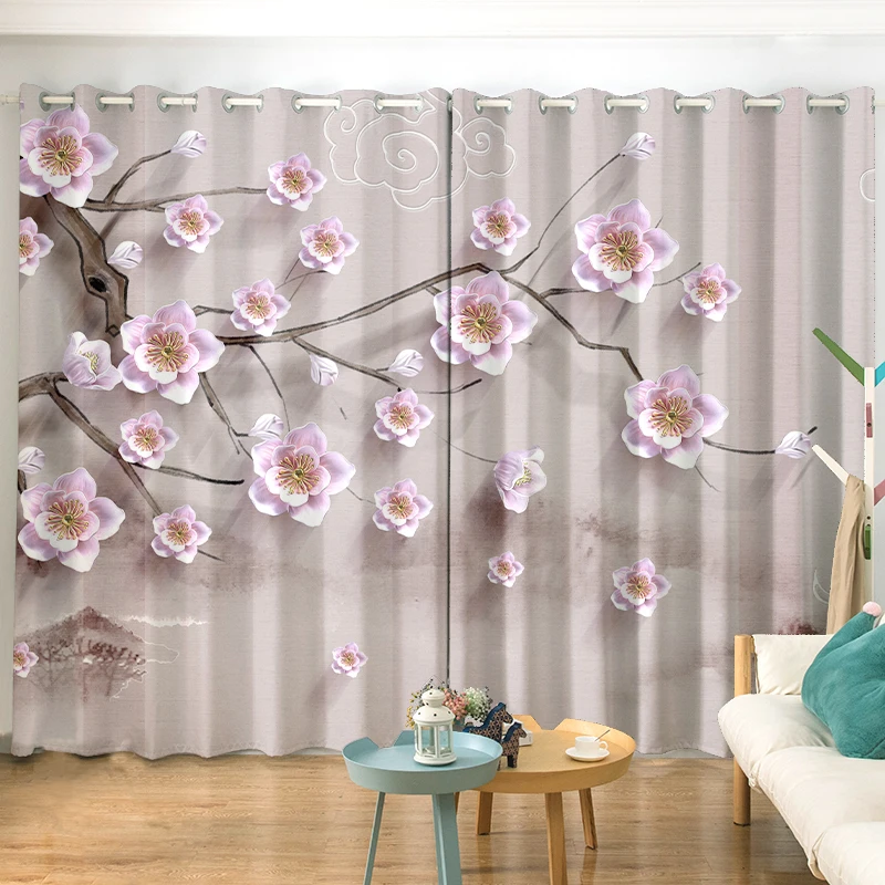 2PCS New Chinese Flower and Bird Print Semi-blackout Curtain Custom Hook Grommet Top Model Living Room Bedroom Window Curtain