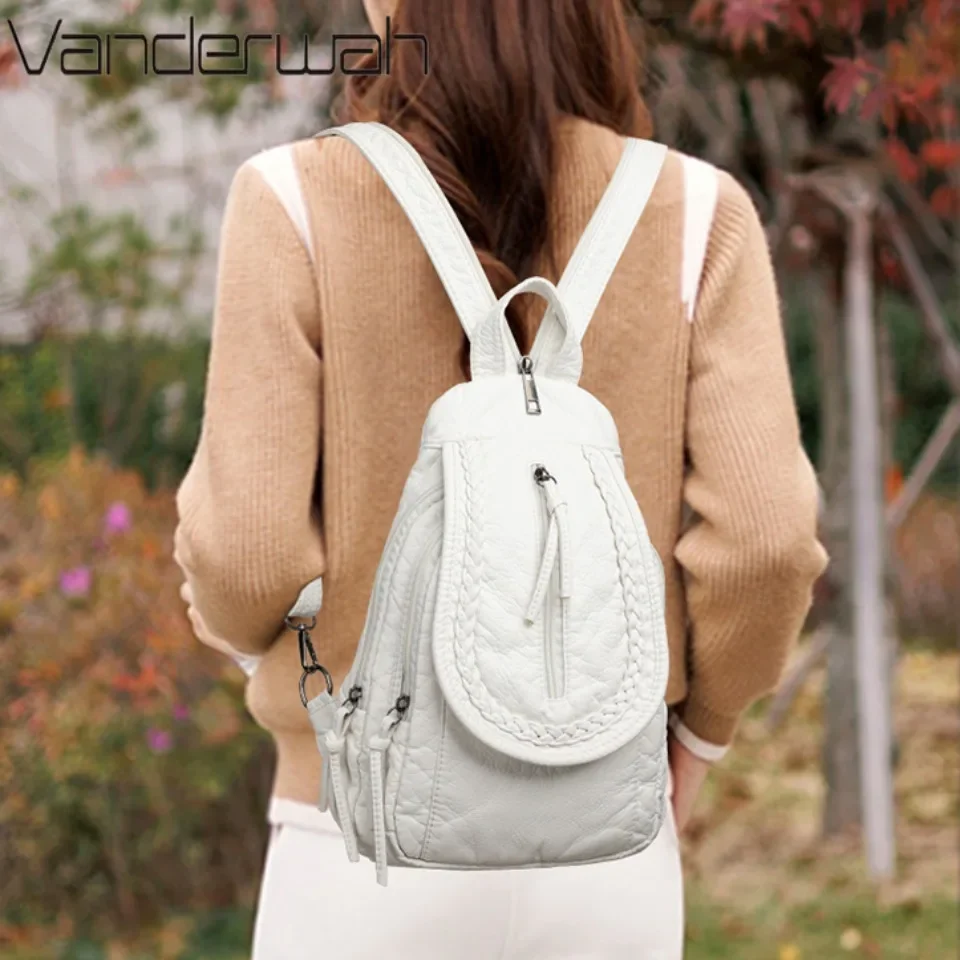 White Backpack For Women Small Shoulder Bag Multi-pocket Rucksack Ladies High Quality Soft Leather Sac A Dos Casual Teenager Bag