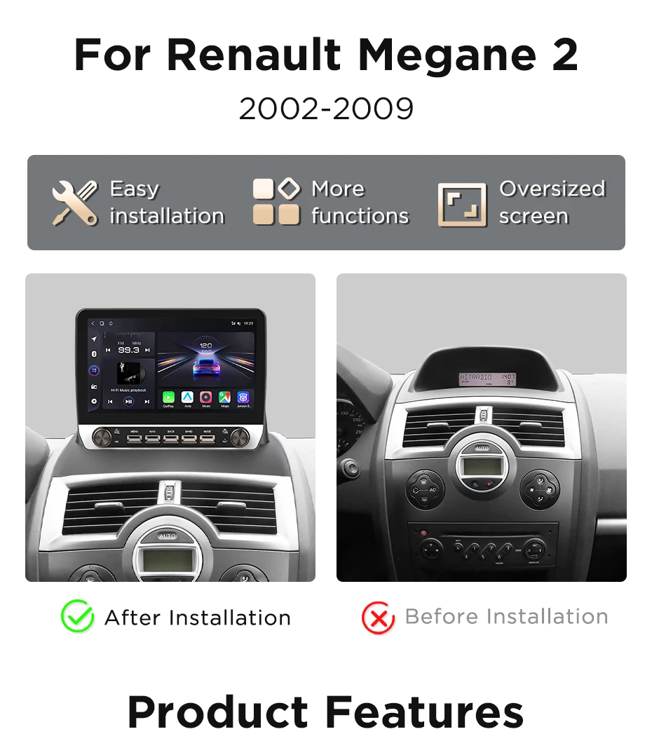 Junsun 10,1' Kabelloses Carplay Android Auto Autoradio für Renault Megane 2 2002-2009 Radio mit Tasten Bluetooth GPS Navi 4G DSP – Detail 5