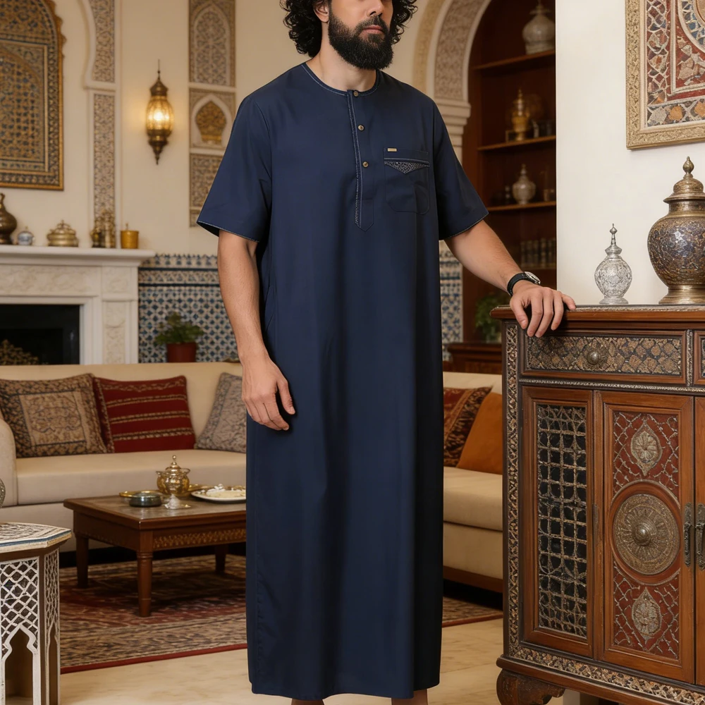 

Eid Men Short Sleeve Jubba Thobe Muslim Dress Arab Robe Turkey Kaftan Caftan Thawb Islam Clothing Daffah Dishdasha Djellaba Gown