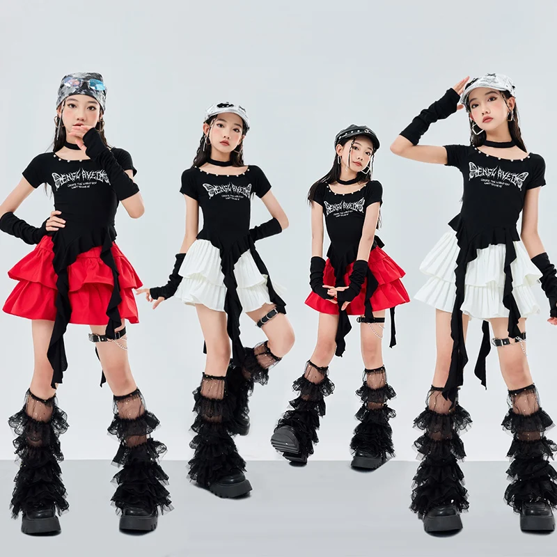 Traje de dança jazz meninas hip hop desempenho wear preto topo vermelho bolo saia criança dança rua moda roupas kpop outfit 2120
