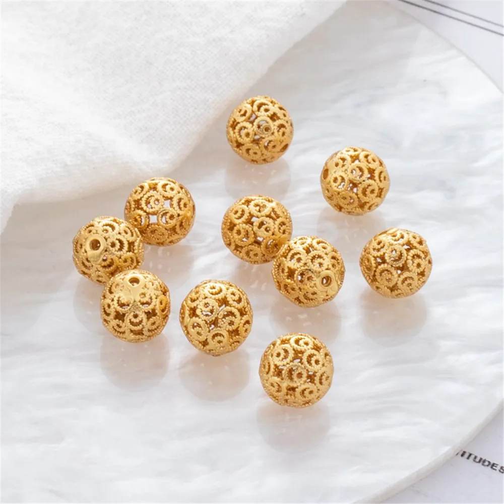 18K Matte Gold Color Cut-out Pattern Round Balls, Loose Beads, DIY Bracelet, Necklace, Ancient Gold Color, 8mm