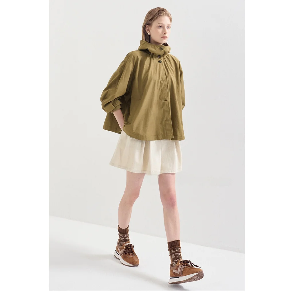 เสื้อแจ็คเก็ตผ้าฝ้ายมีฮู้ดสำหรับผู้หญิง สไตล์ลำลอง ระบายอากาศได้ดี เหมาะสำหรับใส่เดินทาง ดีไซน์กระชับสัดส่วน แฟชั่นต้นฤดูใบไม้ร่วง แต่งกระดุม