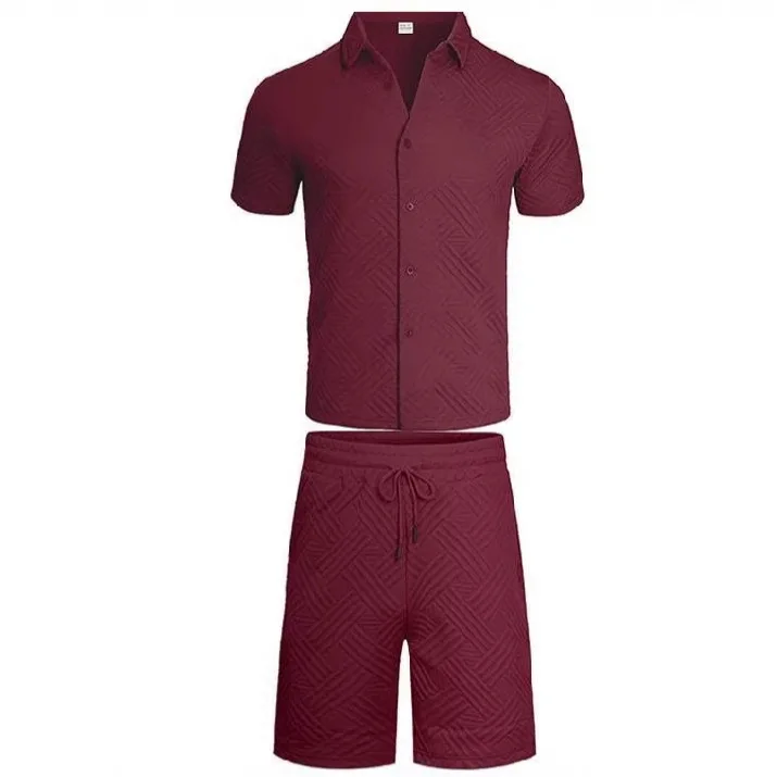 

Summer New Men's Solid Color Jacquard Shirt Casual Short-sleeved Shorts Two-piece Set