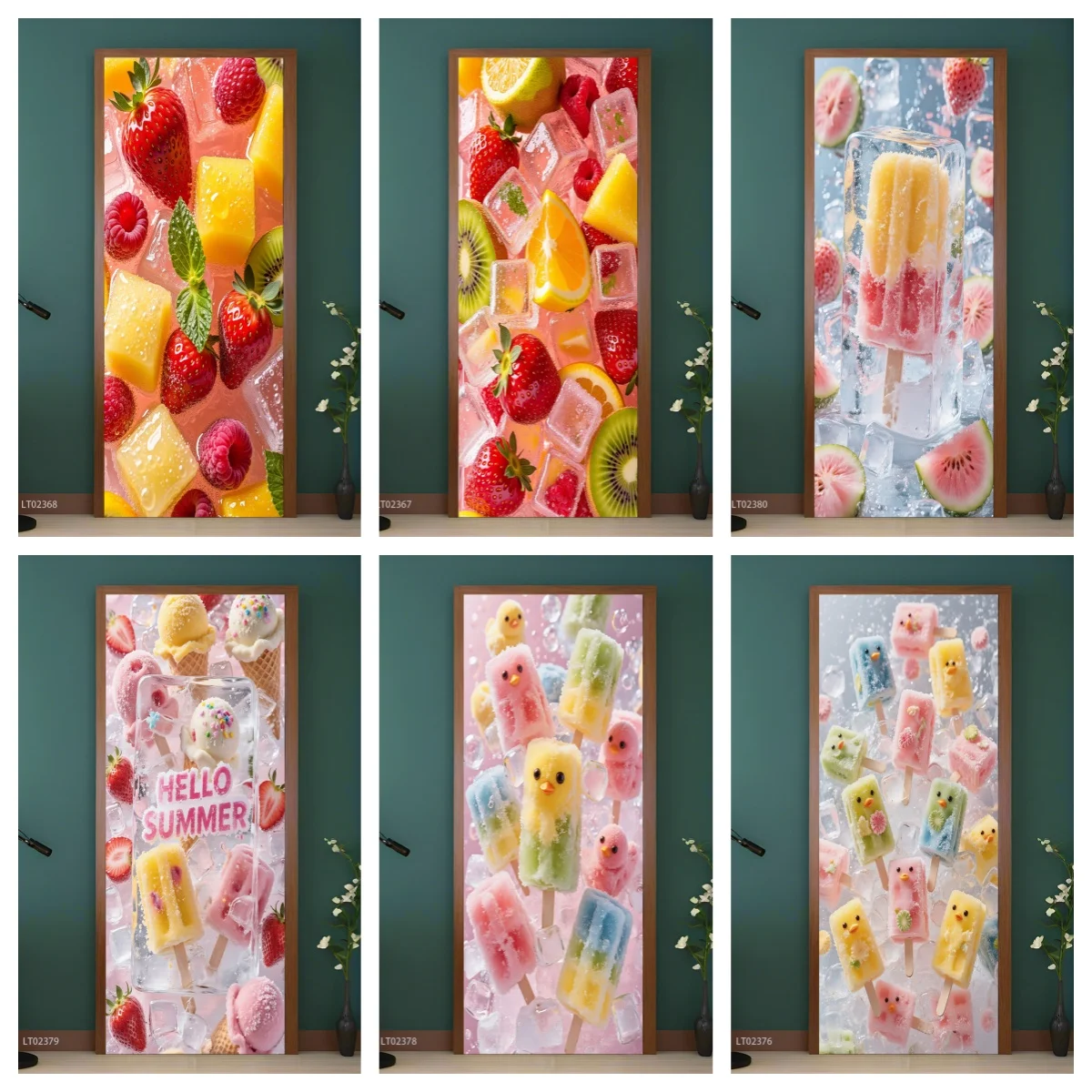 Pegatinas de puerta Pop de hielo de verano, calcomanías de vinilo de frutas jugosas, arte de pared autoadhesivo refrescante para calcomanías de puertas de cocina y habitación de niños