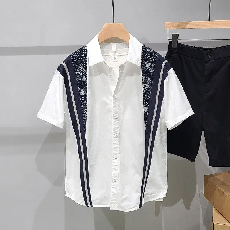 

Summer Men Contrasting Color Splicing Short-sleeved Shirt Fashionable Loose Casual TopYY36