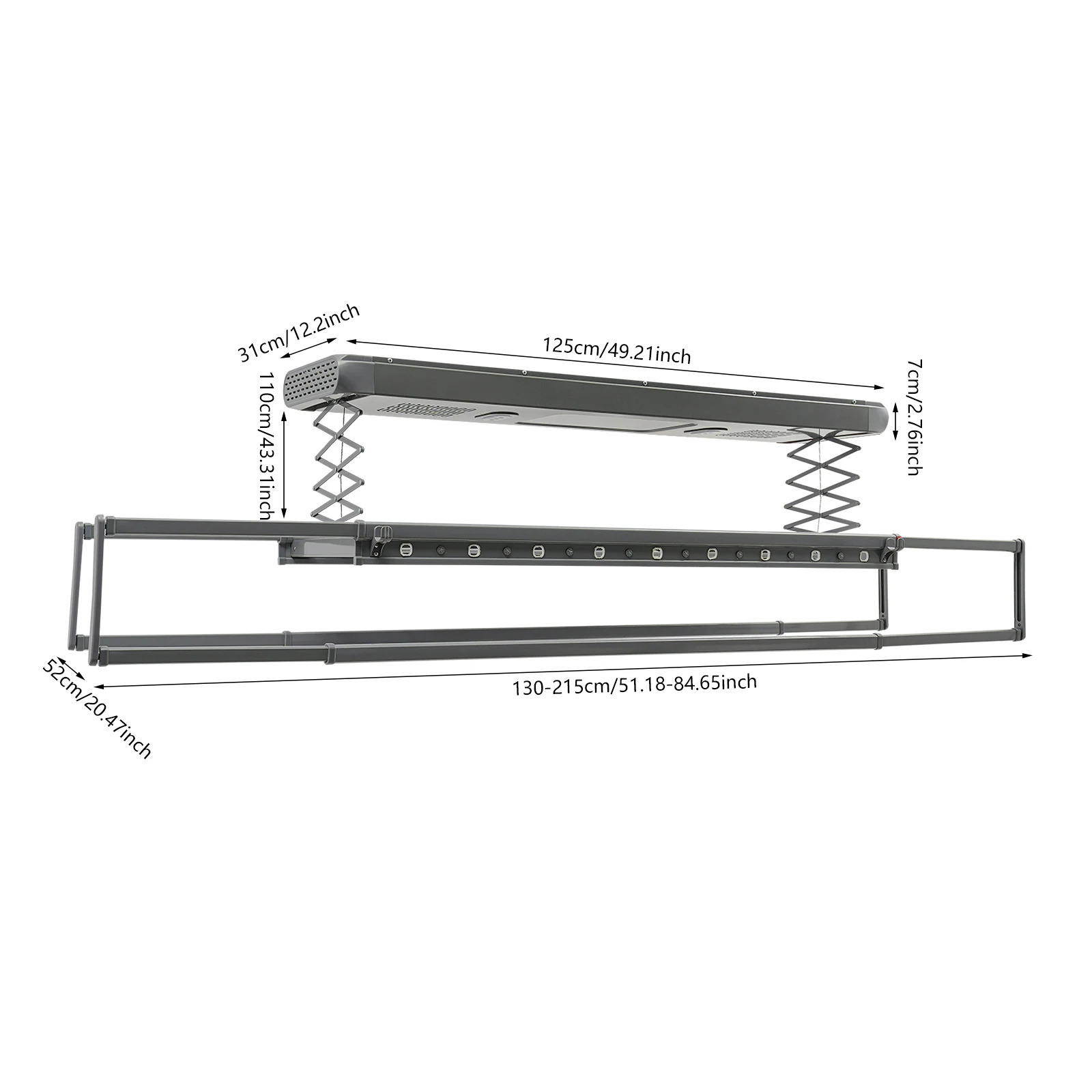 Elektrisch slim gemotoriseerd kledingdroogrek met afstandsbediening, intrekbaar met LED-verlichting, blauwlichtsterilisatie, 2 ventilatoren