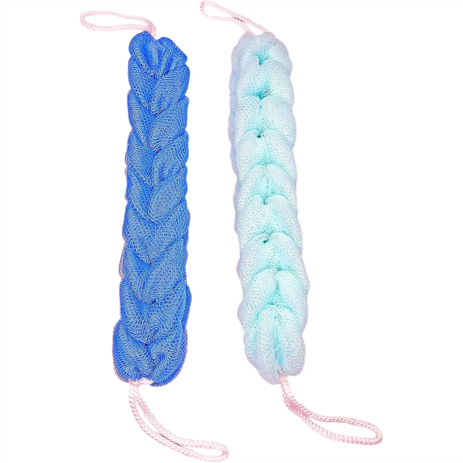 

Long Stretch Back Sponge with Rope Handles Bath Shower Mesh Scrubber Exfoliating Body Scrub Braided Loofah for Men and Women