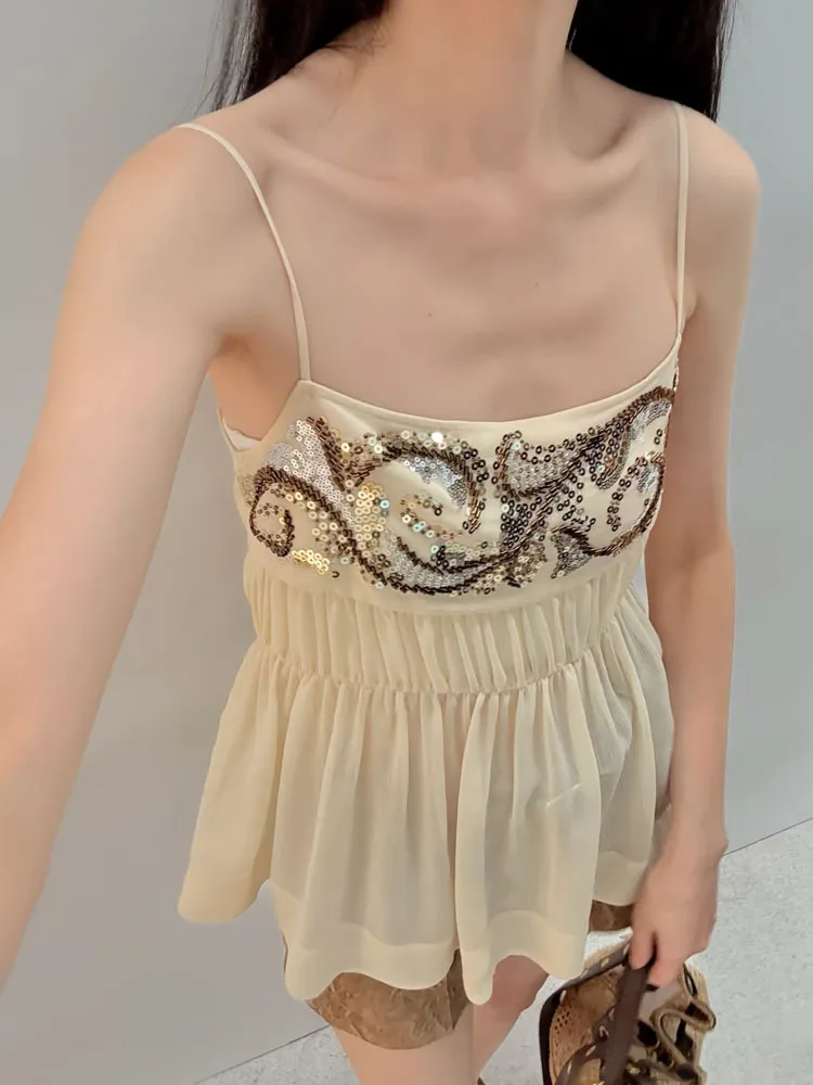 

Pearl sequin embroidered tops, Y2K style fashionable beachwear chiffon women's clothing 2026 summer new design