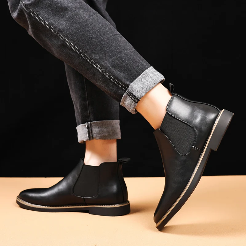 British Style Men's Chelsea Boots Retro Brown Pointed Toe Ankle Boots Man High Top Leather Shoes Men Slip-on Boots Big Size 47 view 6