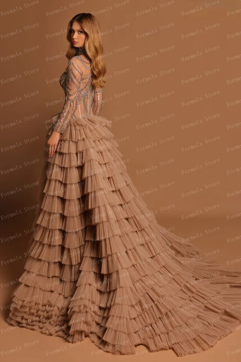 O-neck Long Sleeve Ruffled A-line Evening Dress Floor Length Women Clothing Beaded Crystals Luxuies Prom Dresses Elegant