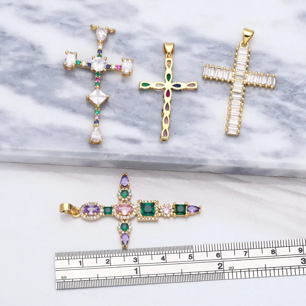 OCESRIO Big Religious Cross Pendants for a Necklace Gold Plated Copper Zircon Jewelry Making Supplies Craft pdta645