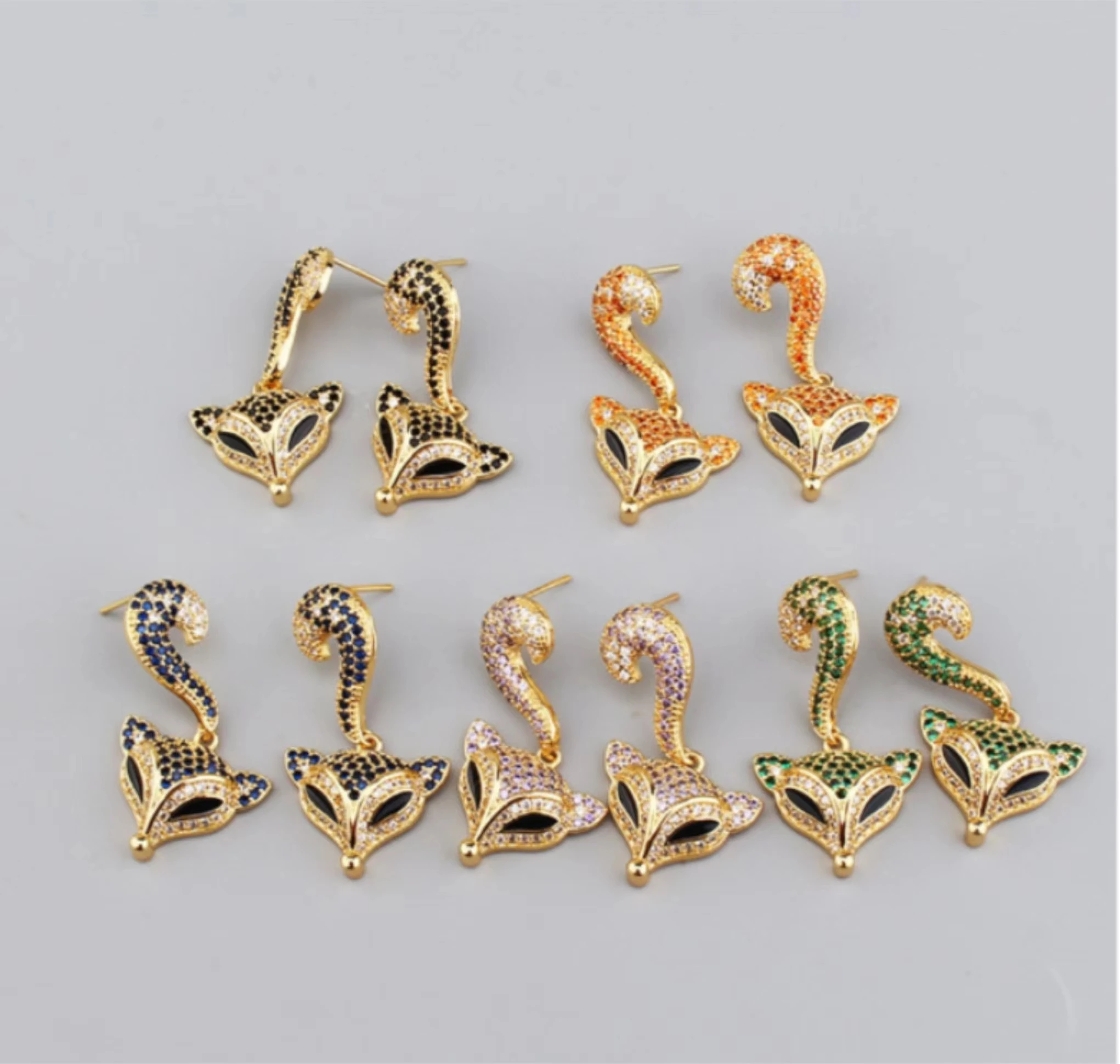 Fashion retro personality fox head ring bracelet set Pendant earrings Women's favorite jewelry micro-inset color