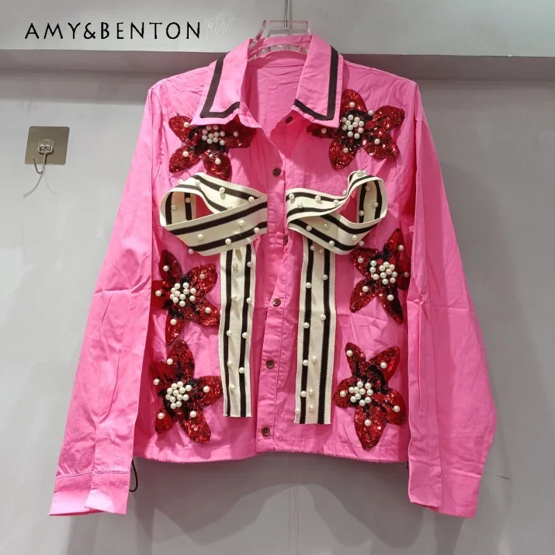 

2025 Early Spring Bow Heavy Industry Splicing Fashion Blusas Femininity Versatile Sweet Long-sleeved Shirt Pink Loose Top Blouse