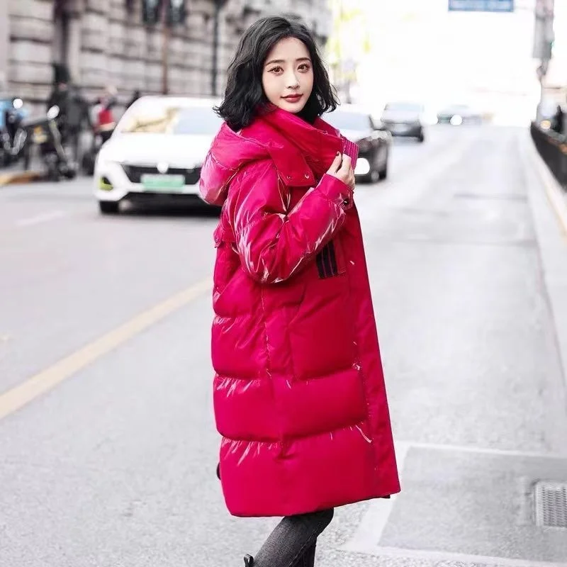 Fashion Hooded Shiny Down Cotton Jacket Women\'s Mid-length Korean Loose Female Outwear Thickened Warm Parka Coat