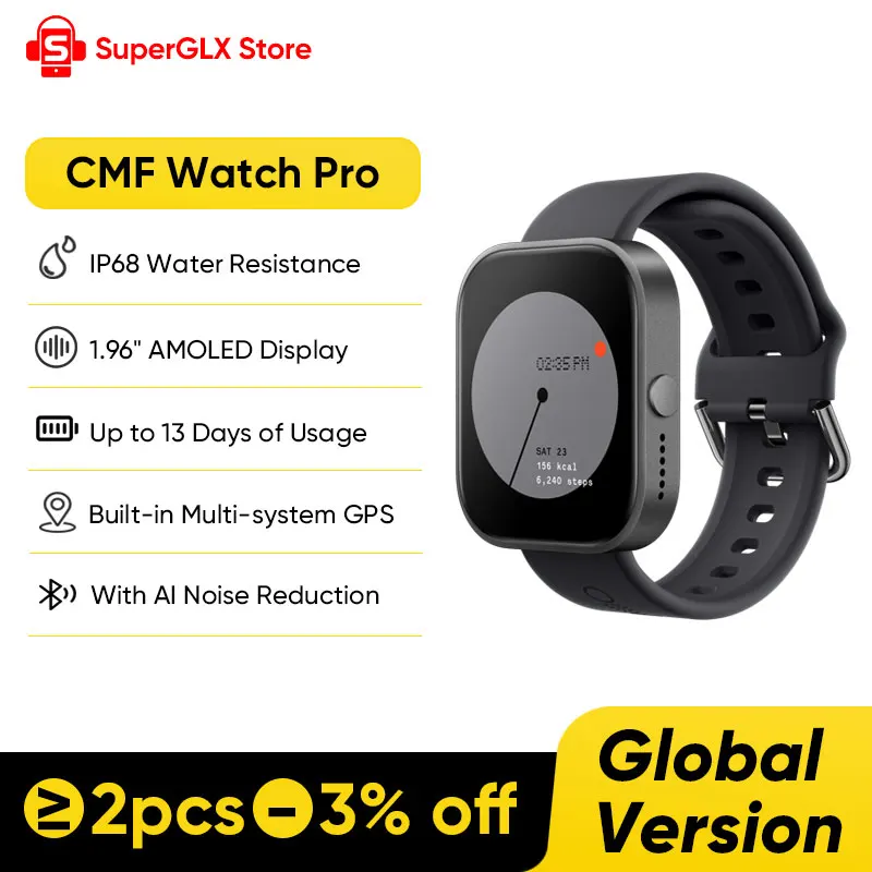 

Глобальная версия CMF от Nothing Watch Pro 1,96 дюйма AMOLED Bluetooth 5,3 BT звонки с шумоподавлением AI GPS Smartwatch CMF watch Pro